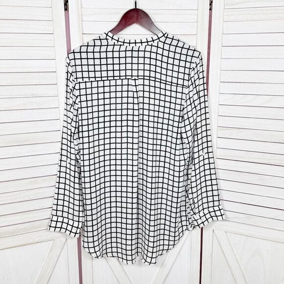 Worthington Windowpane Check Chiffon V Neck Blouse White Black Medium - Picture 7 of 11